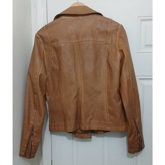 Max studio womens medium caramel faux leather moto jacket Cognac brown - Picture 3 of 7
